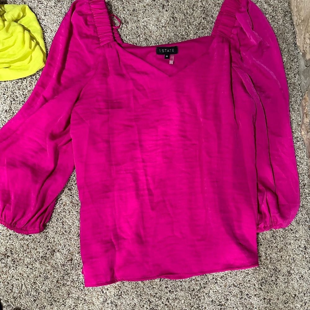 1. State Pink Puff Sleeve Ruffled Blouse